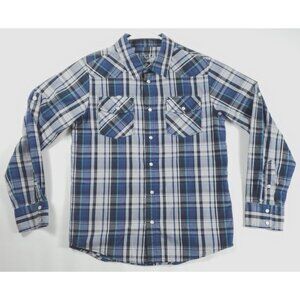 Helix Shirt Womens Large Blue Gray Pearl Snap Long Sleeve Cotton Plaid